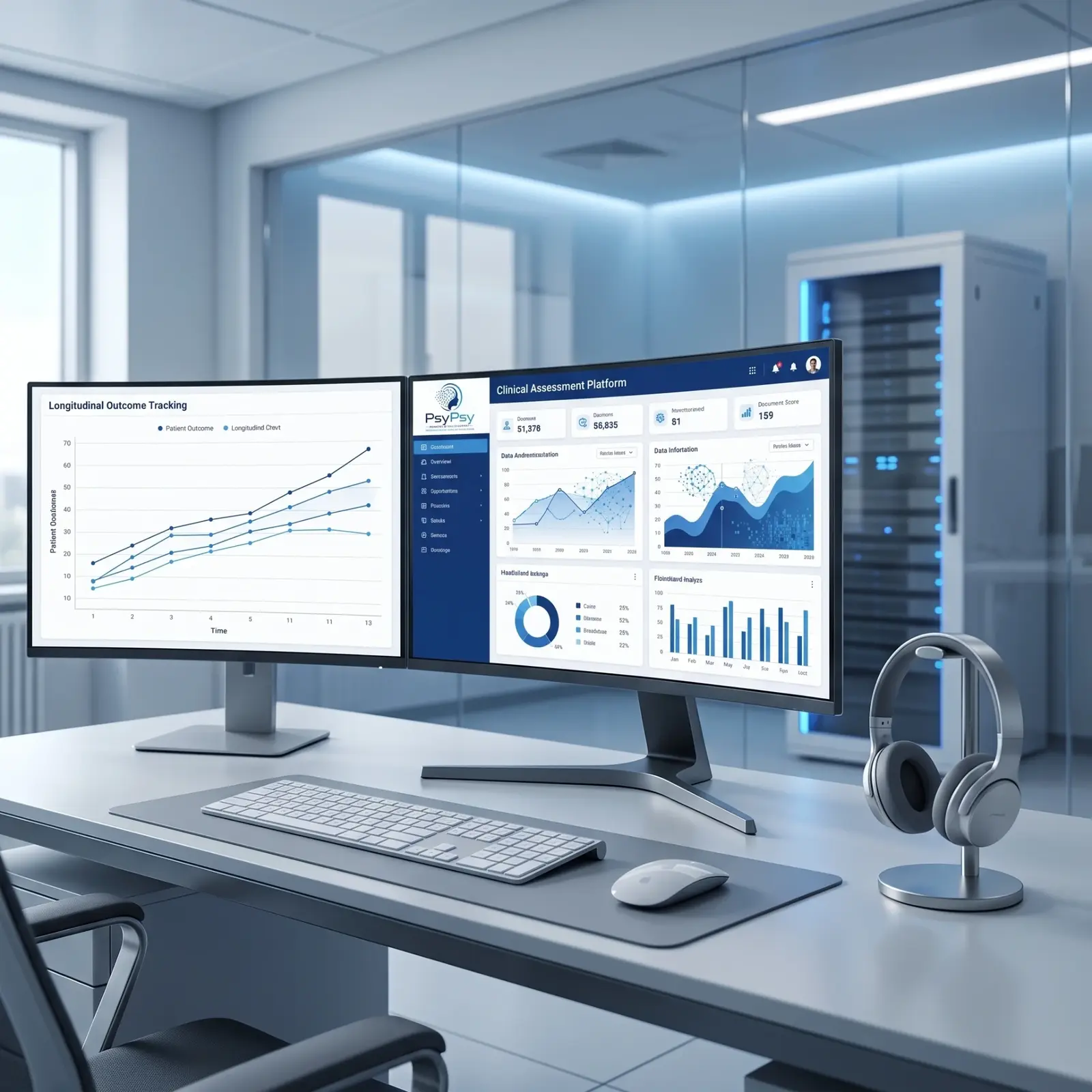 Clinician workstation displaying PSYSYS AI longitudinal outcome charts beside a clinical assessment dashboard